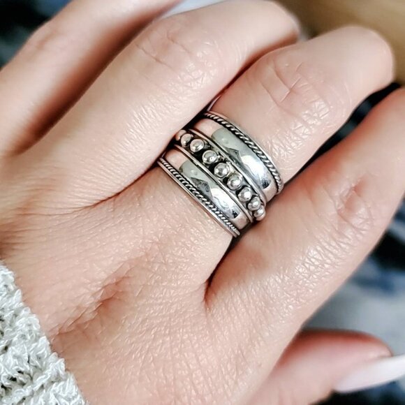 Concave Ring, Sterling Silver Ring, Beaded Wide Band Ring, Thin Lightweight - Picture 5 of 6